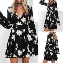 Sweet Style Floral Printed Deep V-neck Long Sleeve Dress