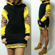 Ethnic Style Totem Printed Side Zipper Long Sleeve Hooded Sweatshirt Dress