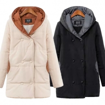 Fashion Knit Sweater Spliced Double-breasted Long Sleeve Hooded Padded Coat