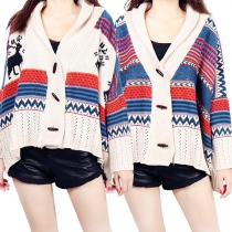 Fashion V-neck Single-breasted Striped/Reindeer Printed Bat Sleeve Sweater Cardigan