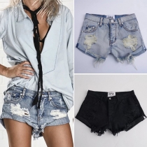 Stylish Cuffed Hem Ripped Denim Shorts For Women