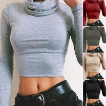 Sexy Solid Color Turtleneck Long Sleeve Slim Fit Crop Tops