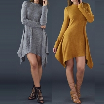 Trendy Solid Color Round Neck Long Sleeve Irregular Hemline Ribbed Dress