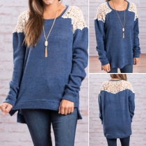 Fashion Lace Spliced Round Neck Long Sleeve Side Slit Knit Sweater