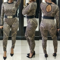 Sexy Printed Round Neck Long Sleeve Back Keyhole High Waist Jumpsuit