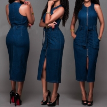 Sexy Solid Color Front Zipper Round Neck Sleeveless Slit Hemline Denim Dress
