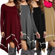 Casual Style Lace Spliced Round Neck Long Sleeve Irregular Hemline Dress