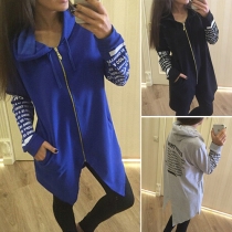 Stylish Letters Printed Front Zipper Slit Hem Long Sleeve Hooded Coat