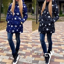 Fashion Stars Printed 2 Side Pockets Long Sleeve Hooded Padded Coat
