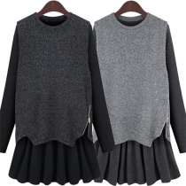 Fashion Round Neck Sleeveless Side Zipper Tops + Long Sleeve Pleated Dress Two-piece Set