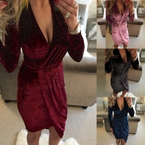 Sexy Solid Color V-neck Long Sleeve Gathered Waist Irregular Hemline Dress