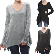 Casual Style Solid Color V-neck Long Sleeve Irregular Hemline T-shirt