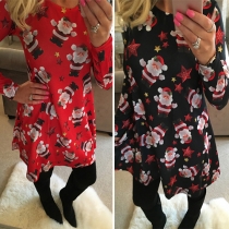 Sweet Style Santa Claus Printed Round Neck Long Sleeve Dress
