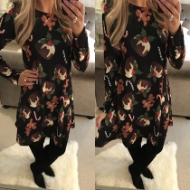 Cute Style Chocolate Cake Printed Long Sleeve Round Neck Dress