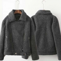 Fashion Solid Color Oblique Zipper Lapel Long Sleeve Fuzzy Coat For Women