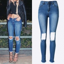 Fashion Zip Fly High Waist Knee Holes Slim Fit Jeans For Women