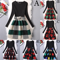 Elegant Printed Round Neck Long Sleeve Gathered Waist Dress