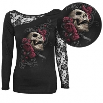 Sexy Lace Spliced Hollow Out Skull Printed Long Sleeve Round Neck Tops