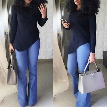 Concise Style Solid Color Long Sleeve Round Neck Irregular Hemline Slim Fit Tops