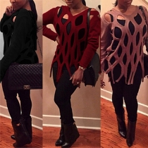 Fashion Solid Color Long Sleeve V-neck Hollow Out Knit Sweater