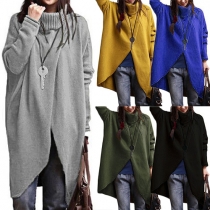 Fashion Solid Color Turtleneck Long Sleeve Irregular Hemline Sweater