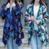 Fashion Printed Long Sleeve Open-front Irregular Hemline Cardigan