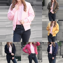 Trendy Solid Color Front Zipper Long Sleeve Crop Coat For Women