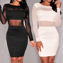 Sexy Solid Color Gauze Spliced See-through Backless Round Neck Long Sleeve Dress