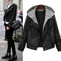 Fashion Front Zipper Long Sleeve Hooded Slim Fit Biker PU Jacket For Women