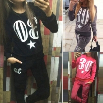 Casual Style Numeric Printed Round Neck Long Sleeve Tops + Pants Two-piece Set