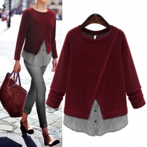 Stylish Long Sleeve Round Neck Hem Spliced Slim Fit Knit Sweater