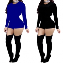 Sexy Solid Color Long Sleeve Round Neck High Waist Slim-fitting Romper