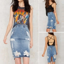 Fashion Back Slit High Waist Slim Fit Damaged Denim Skirt