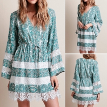 Elegant Lace Spliced Printed V-neck 3/4 Sleeve Gathered Waist Chiffon Dress
