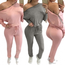 Casual Style Solid Color Zipper Oblique Shoulder Long Sleeve Gathered Waist Jumpsuit