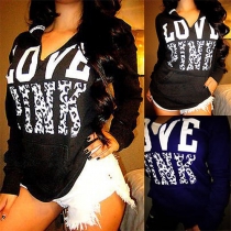 Fashion Letters Printed Front Pocket V-neck Long Sleeve Hooded Sweatshirt