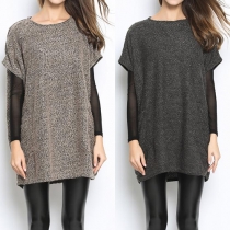 Stylish Solid Color Round Neck Short Sleeve Patch Pockets Relaxed Sweater