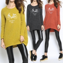Trendy Printed Round Neck Long Sleeve High-low Hemline Knit Sweater