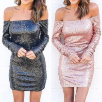 Sexy Solid Color Off Shoulder Backless Long Sleeve Slim Fit Sequin Dress