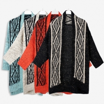 Stylish Rhombus Printed Bat Sleeve Open-front Knit Sweater Cardigan