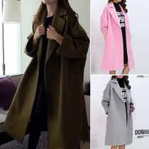 Fashion Solid Color Lapel Long Sleeve Side Slit Woolen Coat with Waist Strap