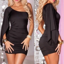 Sexy Solid Color One Shoulder Ruffle Sleeve Slim Fit Dress