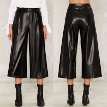 Fashion Solid Color High Waist Wide Legs PU Capri Pants For Women