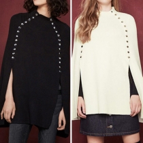 Fashion Solid Color Side Metal Buttons Down Knit Cloak