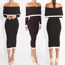 Sexy Contrast Color Off Shoulder Backless Long Sleeve Slim Fit Knit Dress
