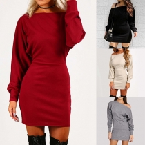 Sexy Solid Color Off Shoulder Long Sleeve Gathered Waist Dress
