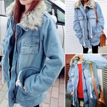 Fashion Artificial Fur Collar Front Zipper Long Sleeve Gathered Waist Denim Padded Coat