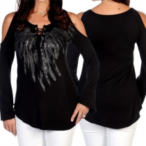 Sexy Printed V-neck Bell Sleeve Cold Shoulder Slim Fit T-shirt
