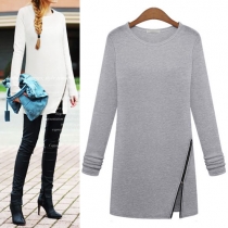Fashion Solid Color Oblique Zipper Slit Hem Round Neck Long Sleeve T-shirt