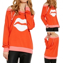 Sexy Lips Printed Off Shoulder Long Sleeve Women's Sweatshirt
